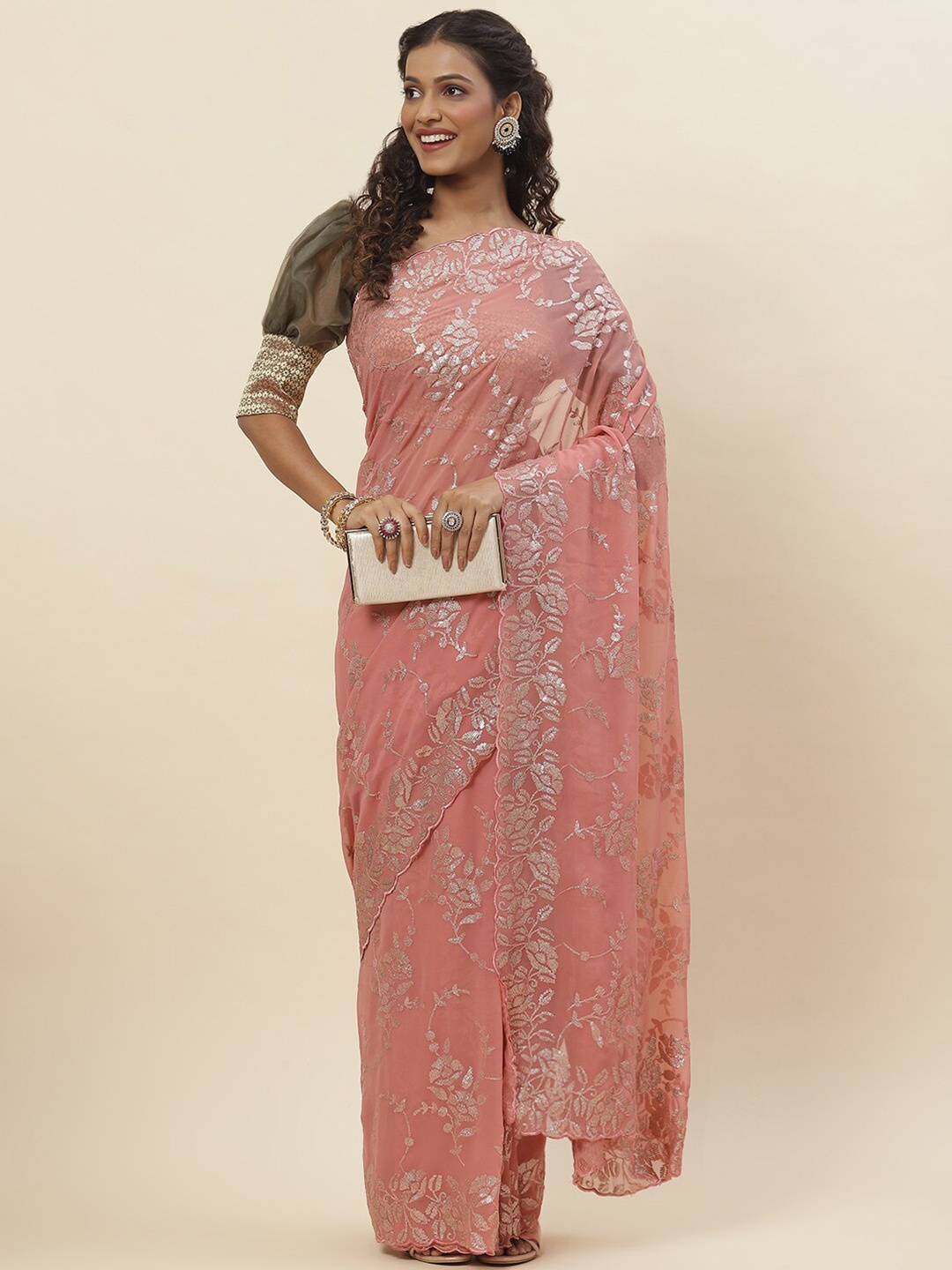 

Meena Bazaar Floral Sequinned Saree, Peach