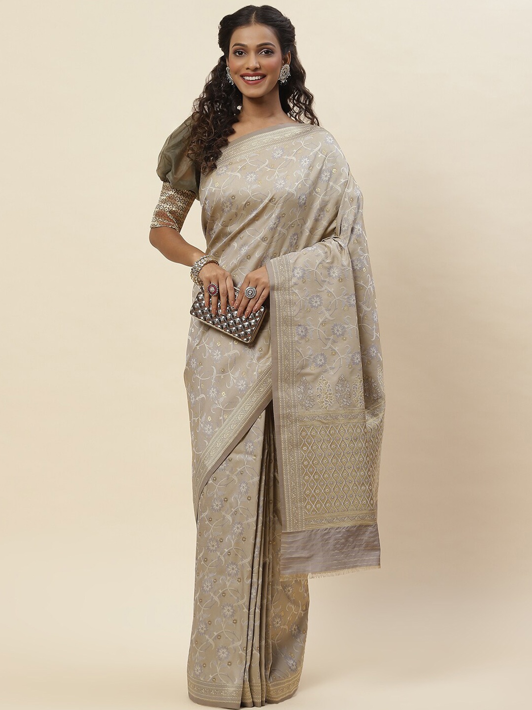 

Meena Bazaar Floral Woven Design Zari Saree, Grey