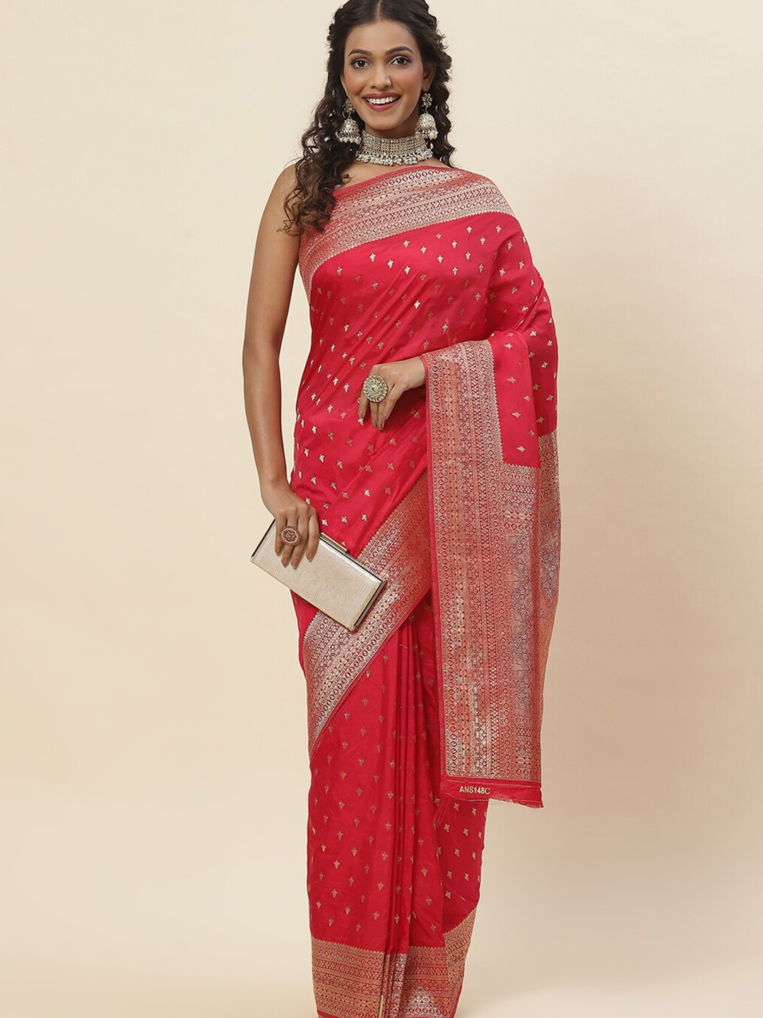 

Meena Bazaar Ethnic Motifs Woven Design Zari Saree, Red