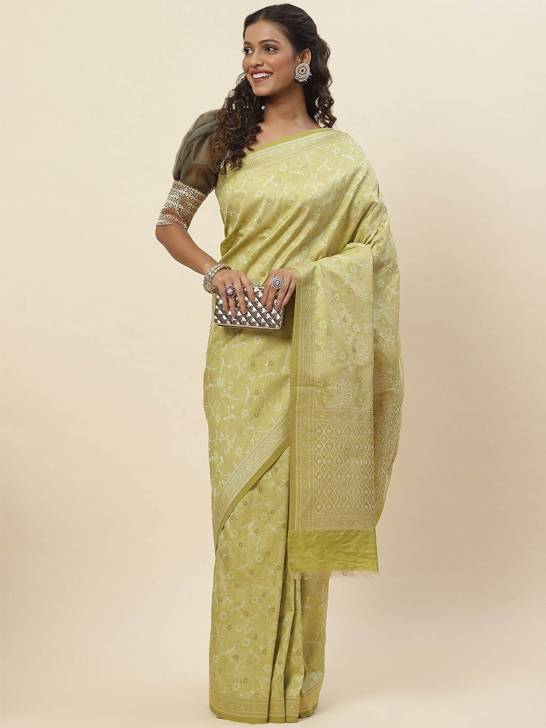 

Meena Bazaar Floral Woven Design Zari Saree, Green