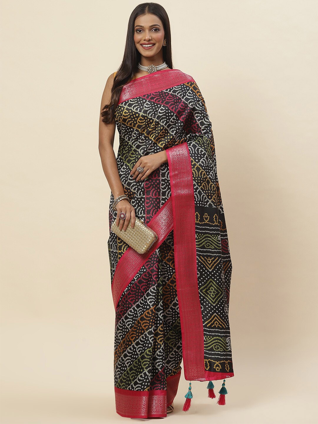 

Meena Bazaar Bandhani Printed Zari Saree, Black