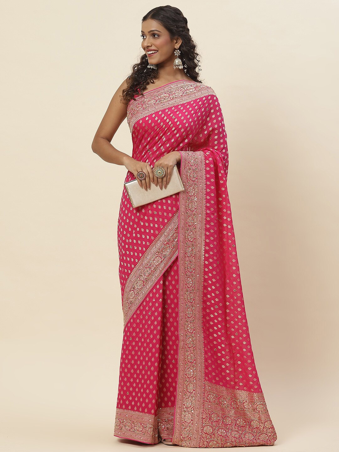 

Meena Bazaar Ethnic Motifs Woven Design Zari Poly Georgette Saree, Pink