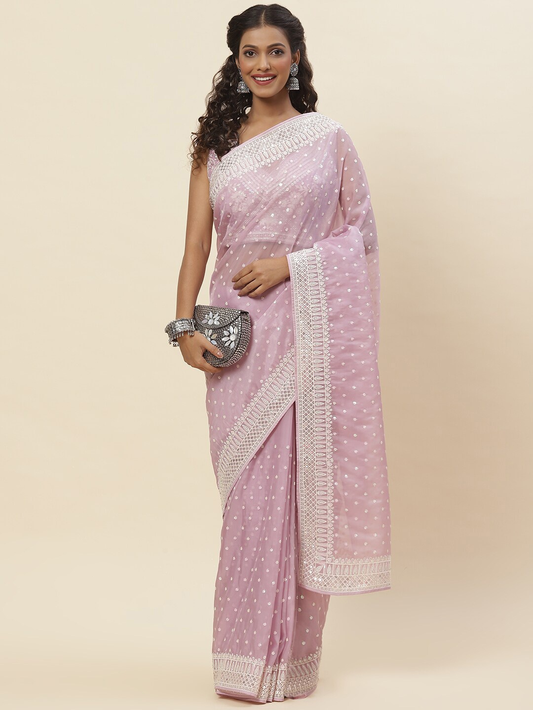 

Meena Bazaar Floral Embroidered Sequined Organza Saree, Purple
