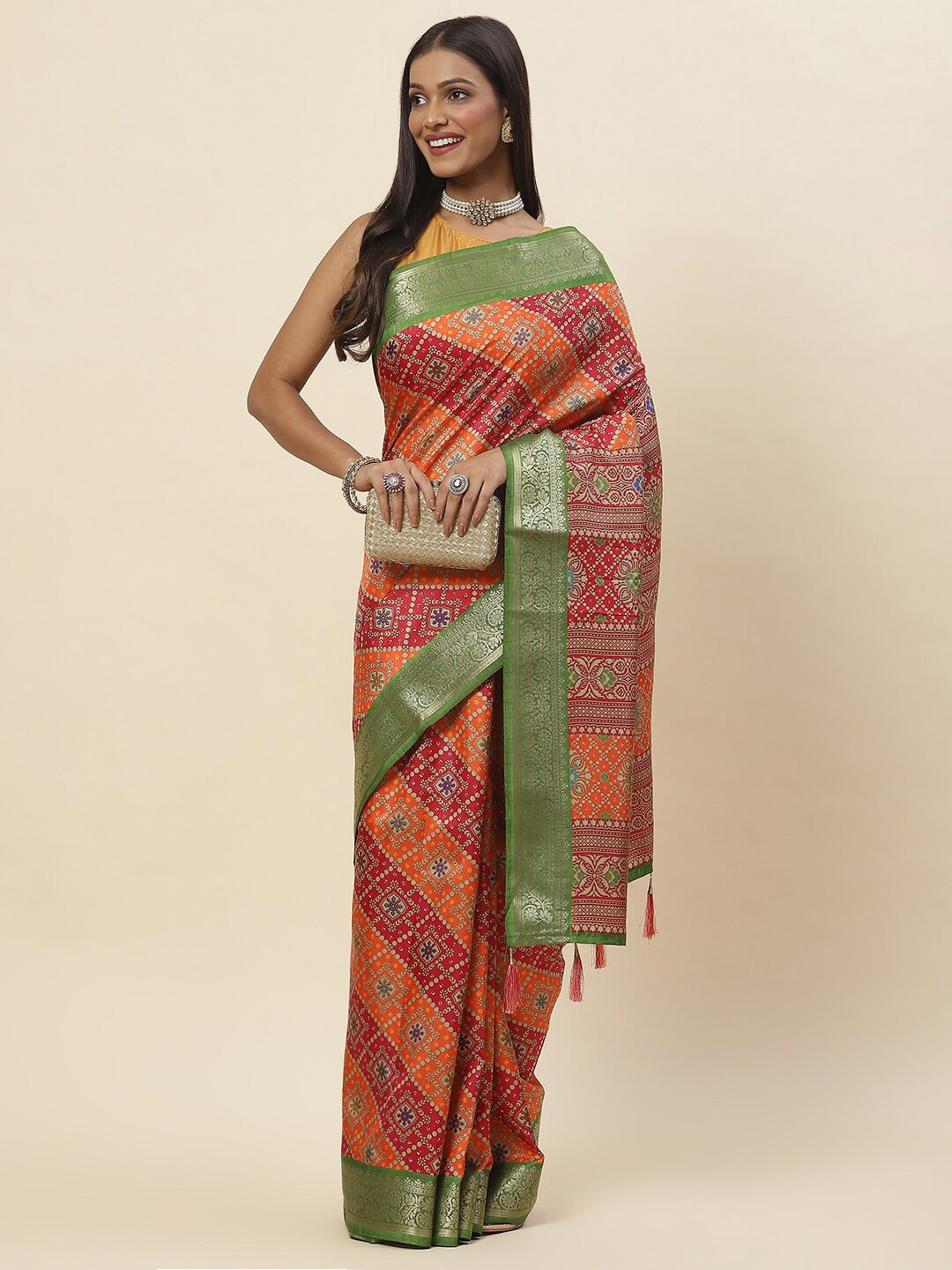 

Meena Bazaar Bandhani Printed Zari Saree, Orange