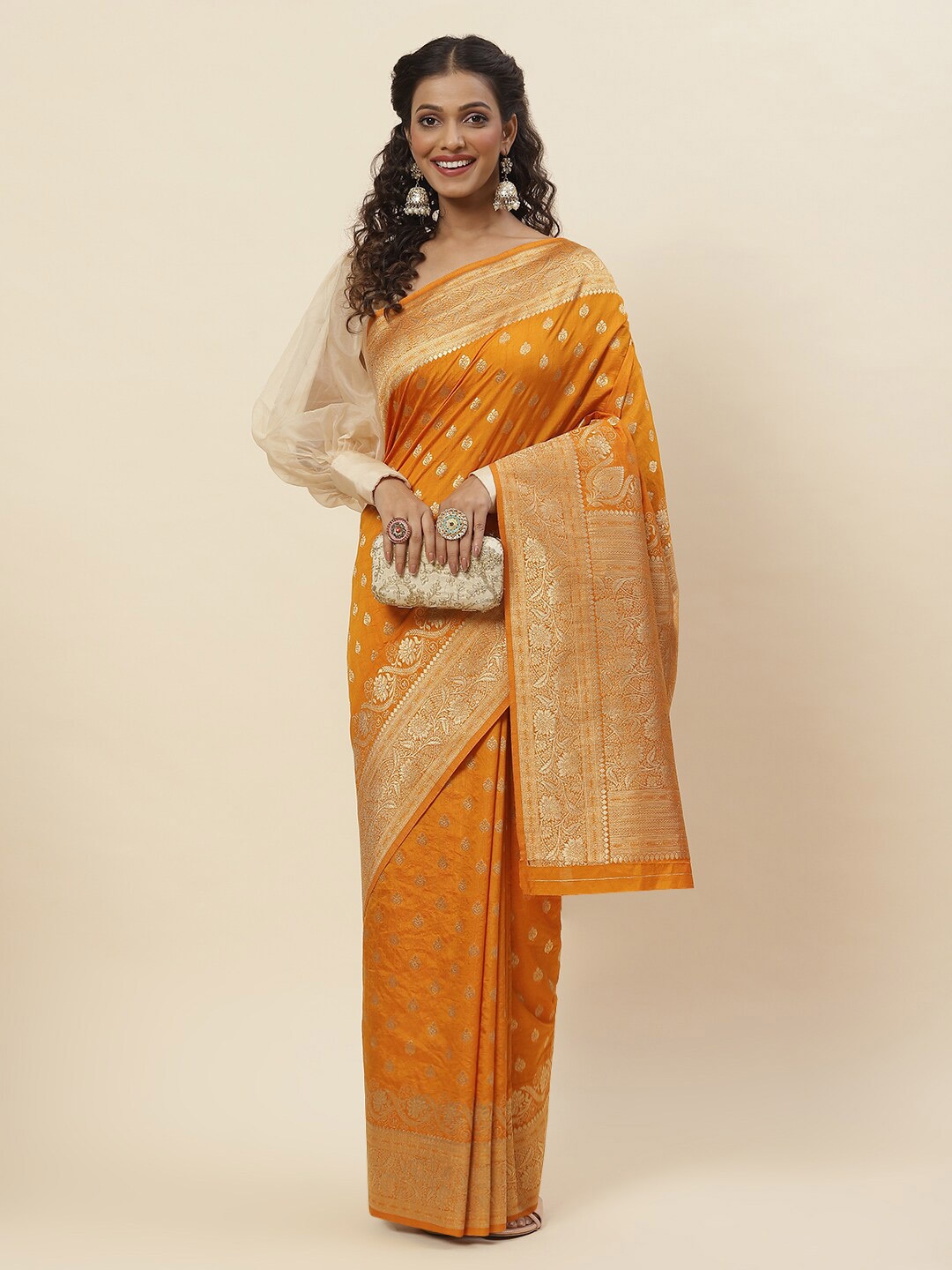 

Meena Bazaar Ethnic Motifs Woven Design Zari Saree, Mustard