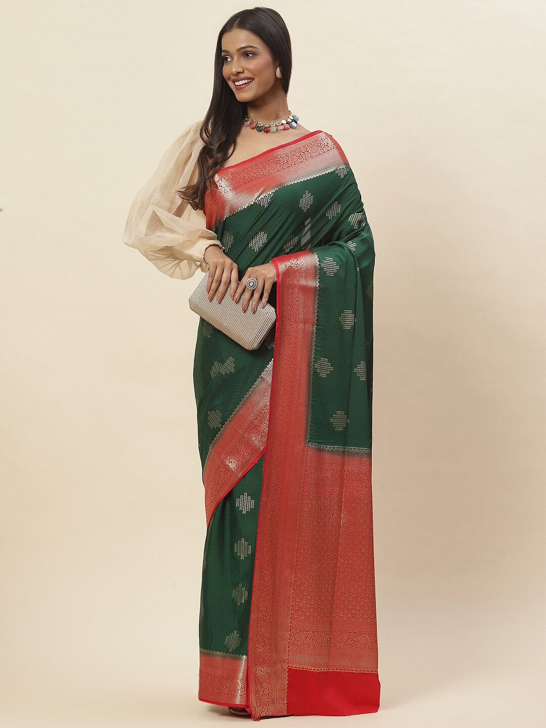 

Meena Bazaar Geometric Woven Design Zari Saree, Green