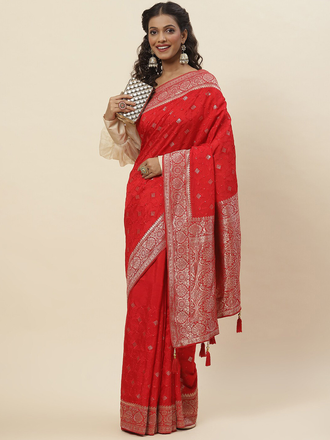 

Meena Bazaar Ethnic Motifs Woven Design Zari Art Silk Saree, Red