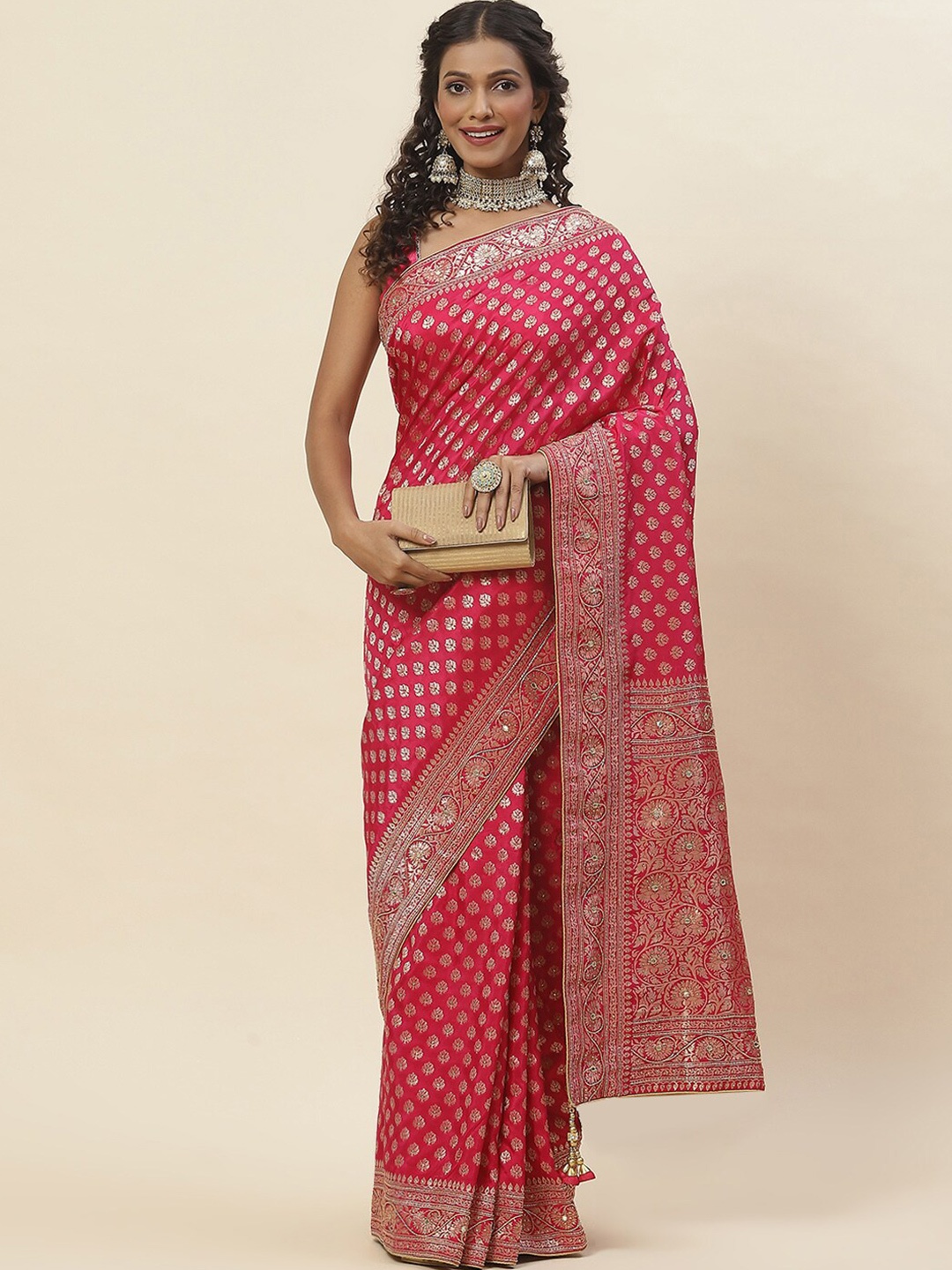 

Meena Bazaar Ethnic Motifs Woven Design Zari Art Silk Banarasi Saree, Pink