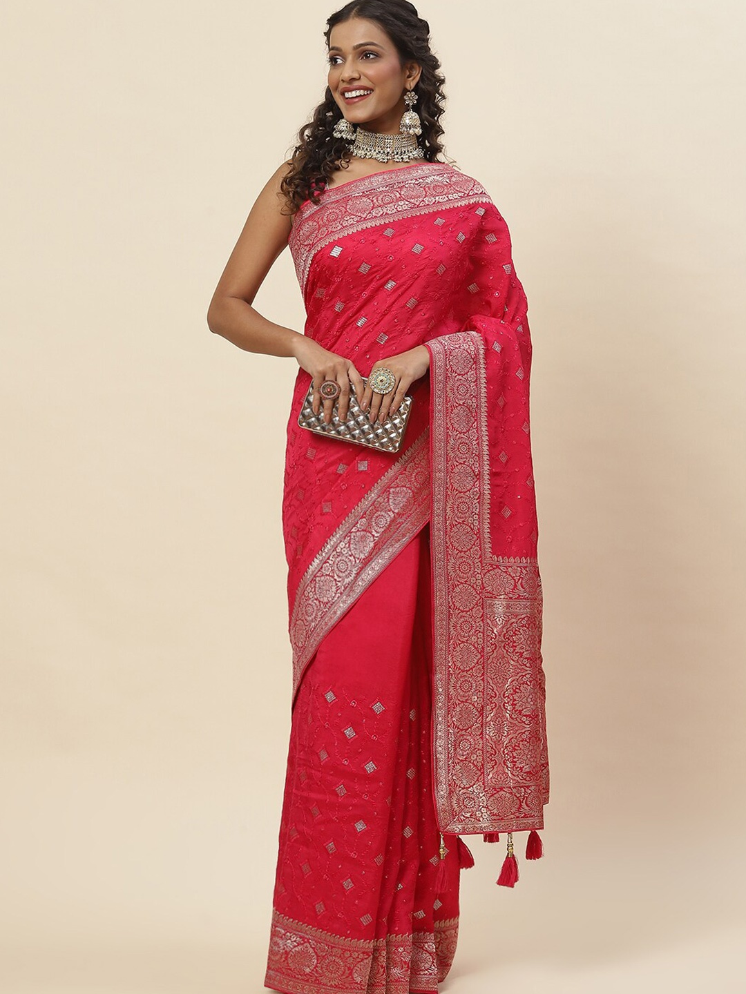 

Meena Bazaar Woven Design Zari Art Silk Saree, Pink