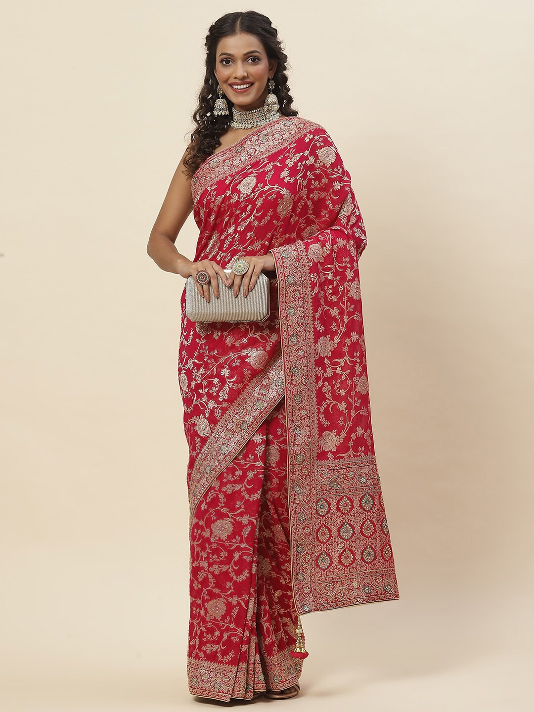 

Meena Bazaar Floral Woven Design Zari Banarasi Saree, Pink