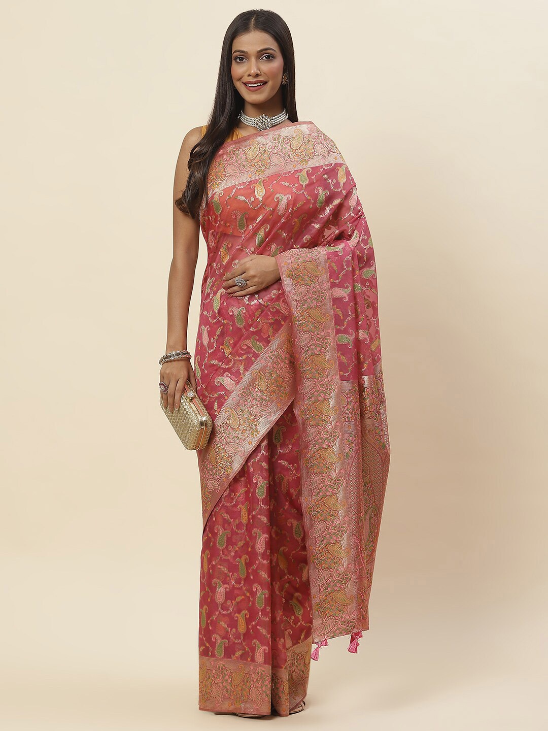 

Meena Bazaar Ethnic Motifs Woven Design Zari Organza Saree, Pink