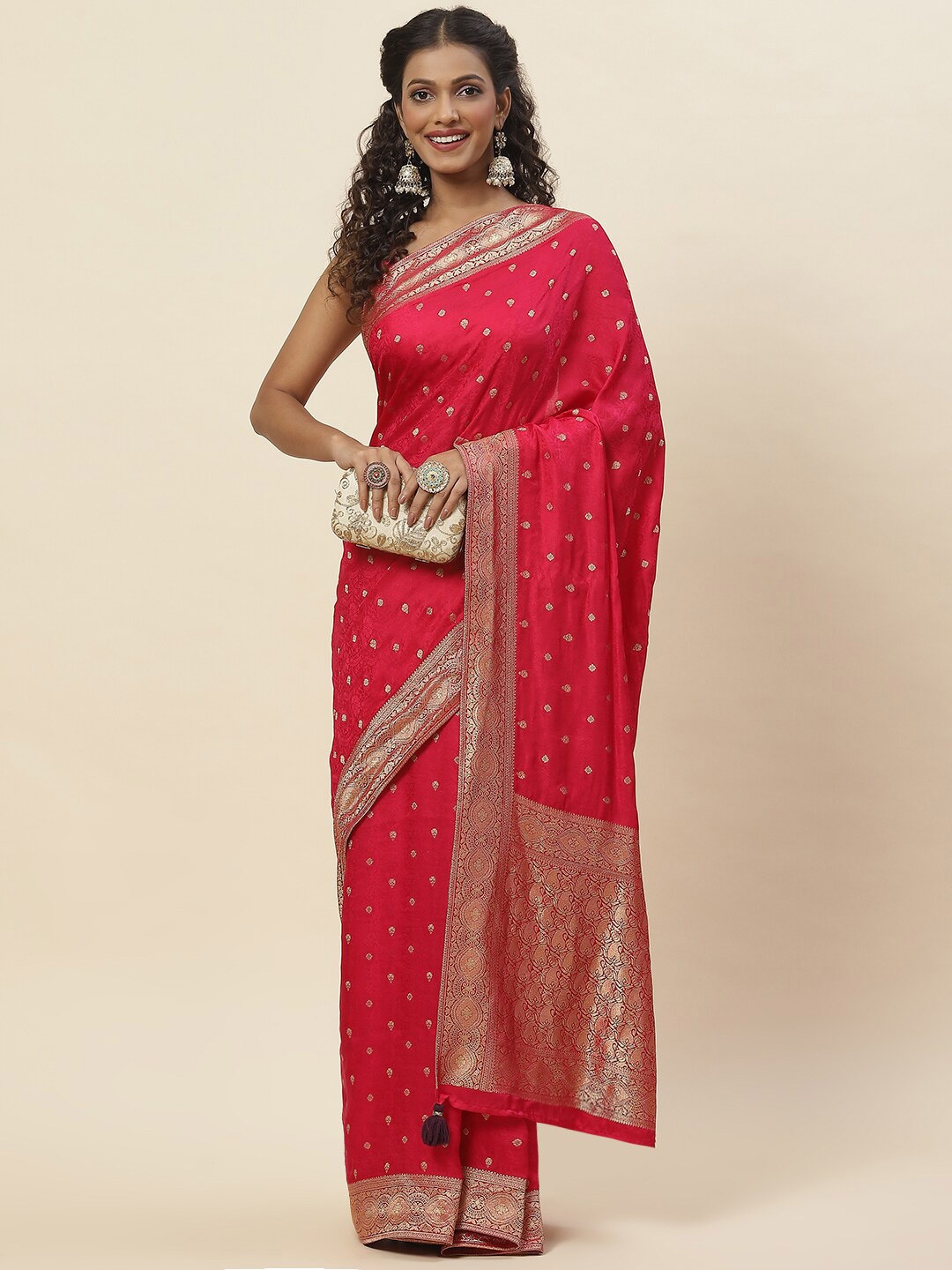 

Meena Bazaar Ethnic Motifs Woven Design Zari Saree, Pink