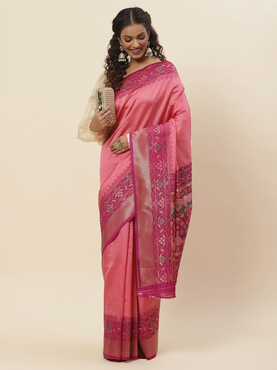 

Meena Bazaar Chevron Woven Design Zari Saree, Pink