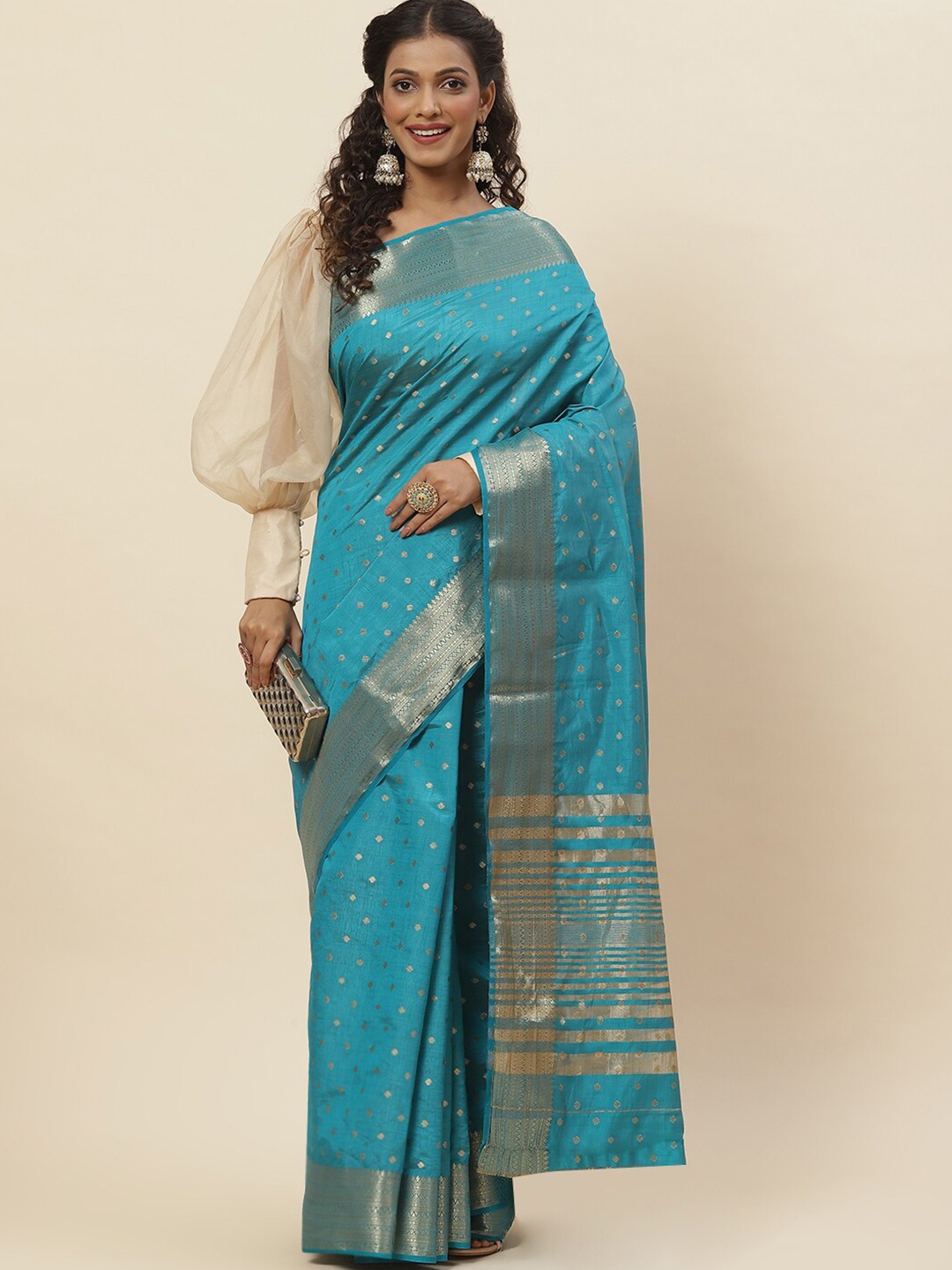 

Meena Bazaar Geometric Woven Design Zari Saree, Blue