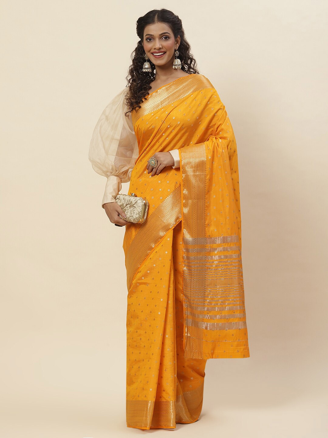 

Meena Bazaar Ethnic Motifs Woven Design Zari Saree, Yellow