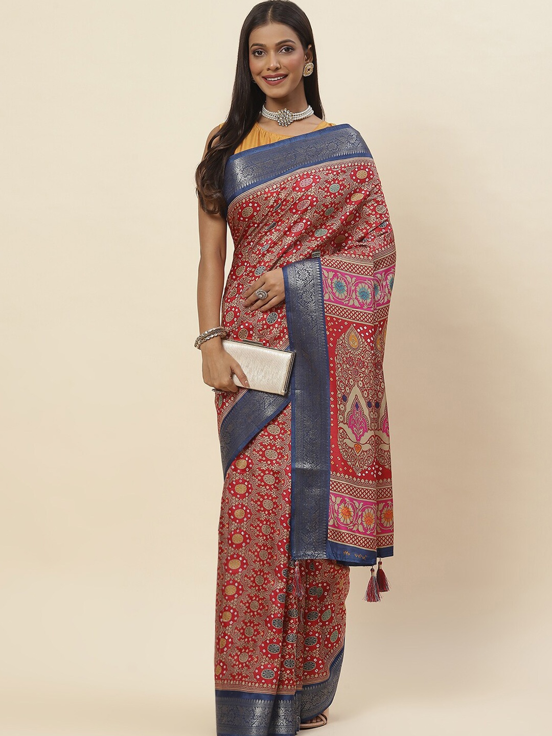 

Meena Bazaar Floral Printed Zari Saree, Red