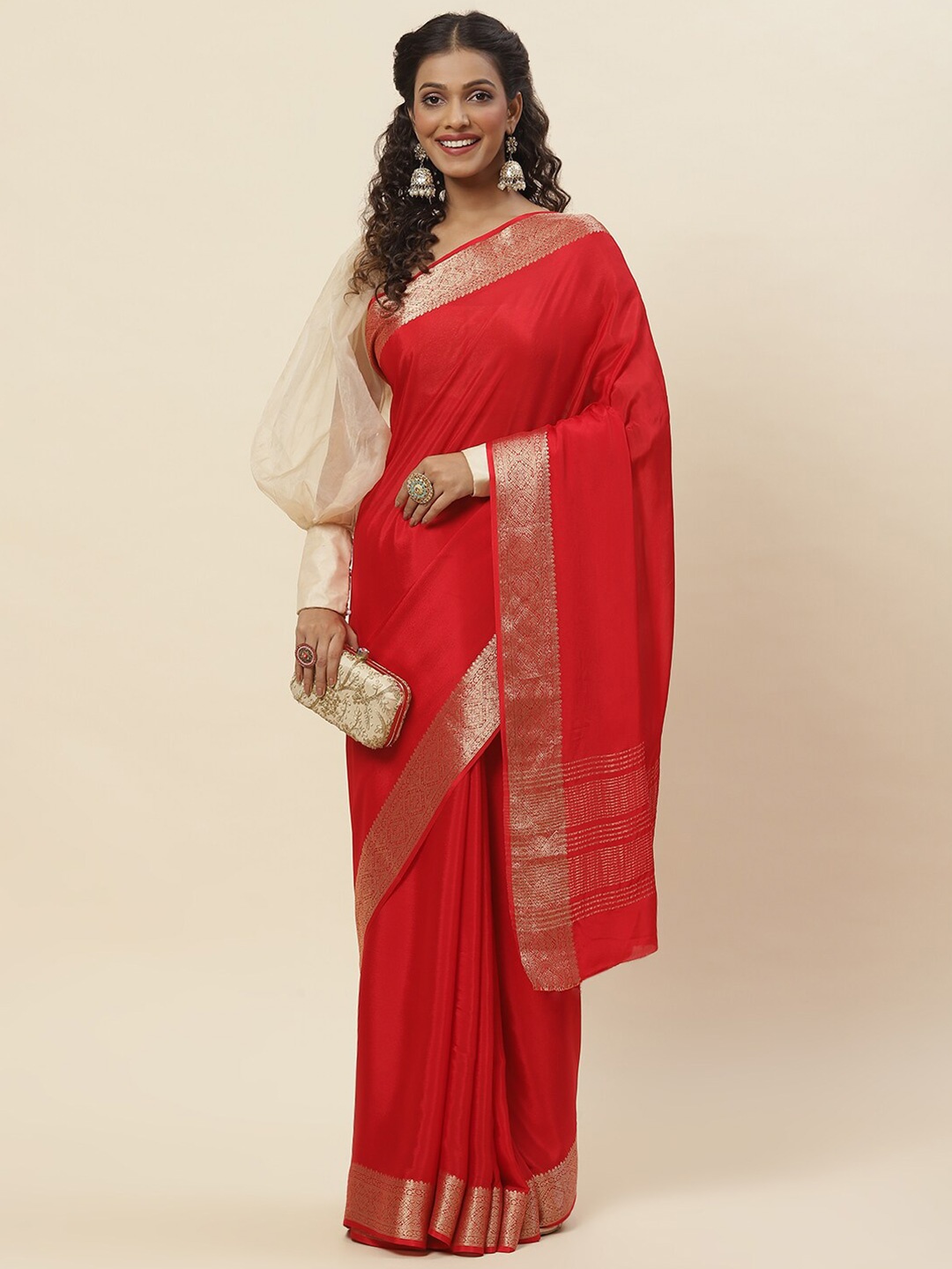 

Meena Bazaar Solid Zari Saree, Red