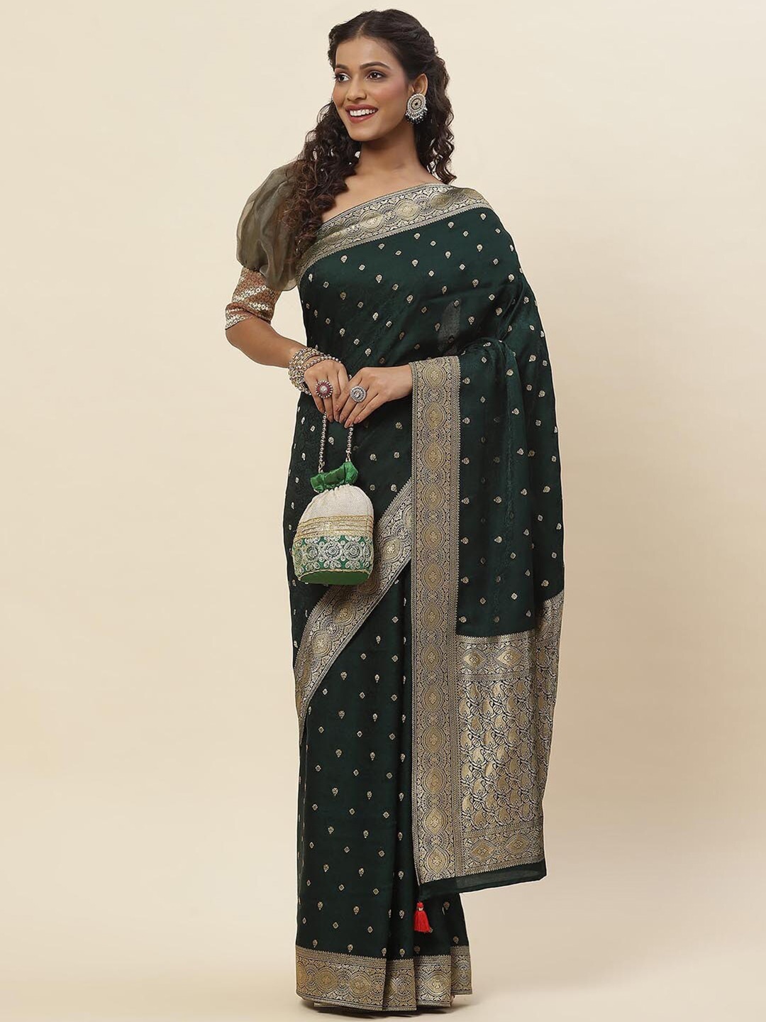 

Meena Bazaar Woven Design Zari Crepe Saree, Green