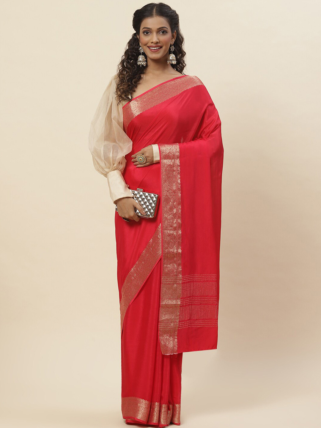

Meena Bazaar Zari Poly Crepe Saree, Pink