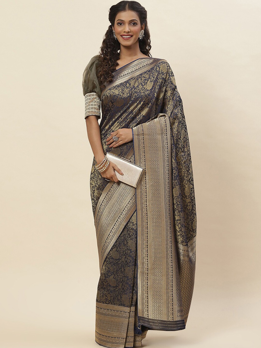 

Meena Bazaar Floral Woven Design Zari Satin Saree, Navy blue