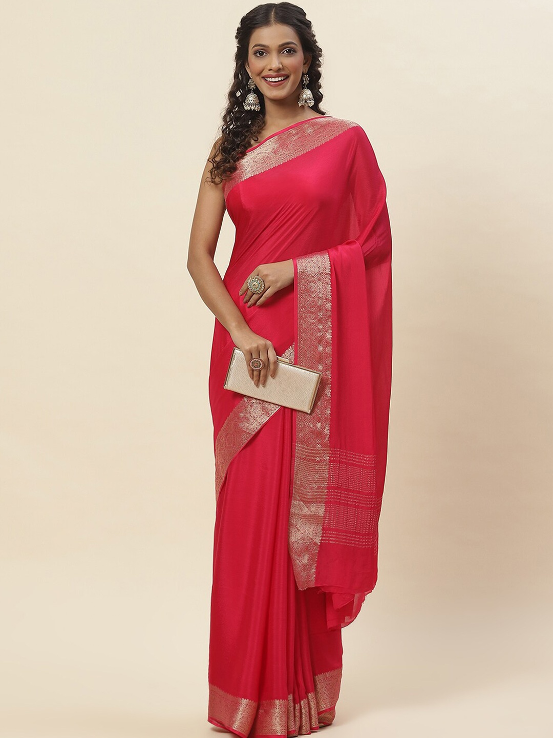 

Meena Bazaar Floral Woven Designed Zari Saree, Pink