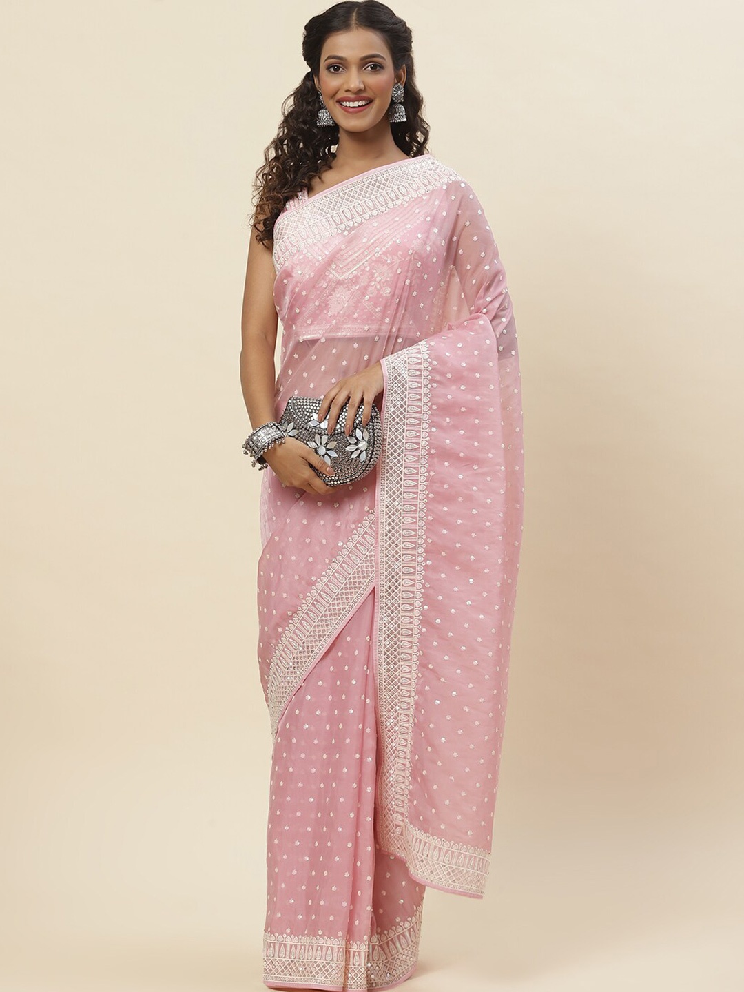 

Meena Bazaar Embellished Sequinned Organza Saree, Pink