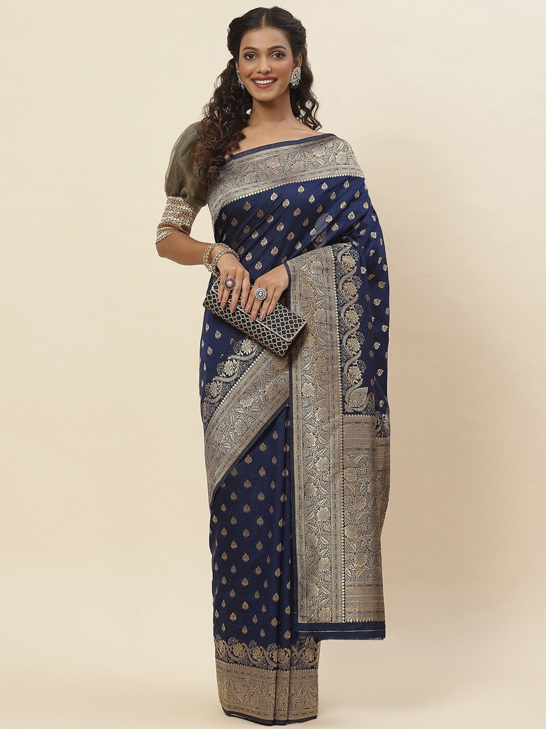 

Meena Bazaar Ethnic Motifs Woven Design Zari Saree, Navy blue