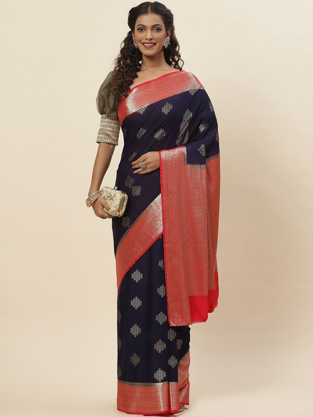 

Meena Bazaar Geometric Woven Design Zari Saree, Navy blue