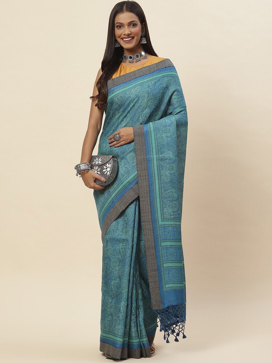 

Meena Bazaar Paisley Printed Tussar Saree, Blue