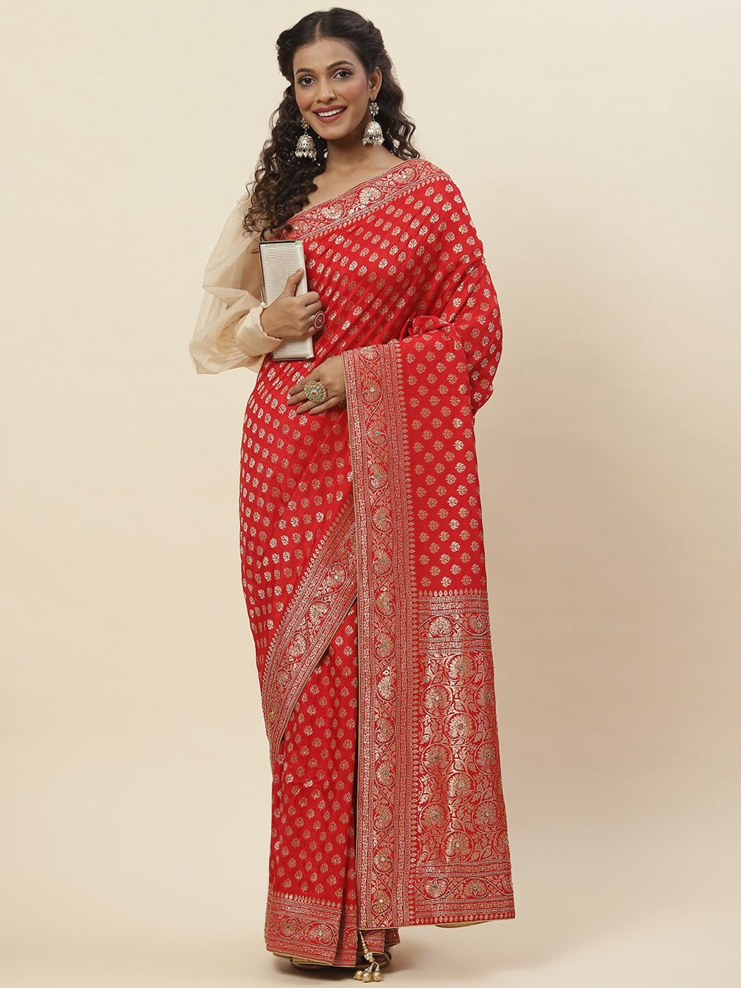 

Meena Bazaar Ethnic Motifs Woven Design Zari Art Silk Banarasi Saree, Red