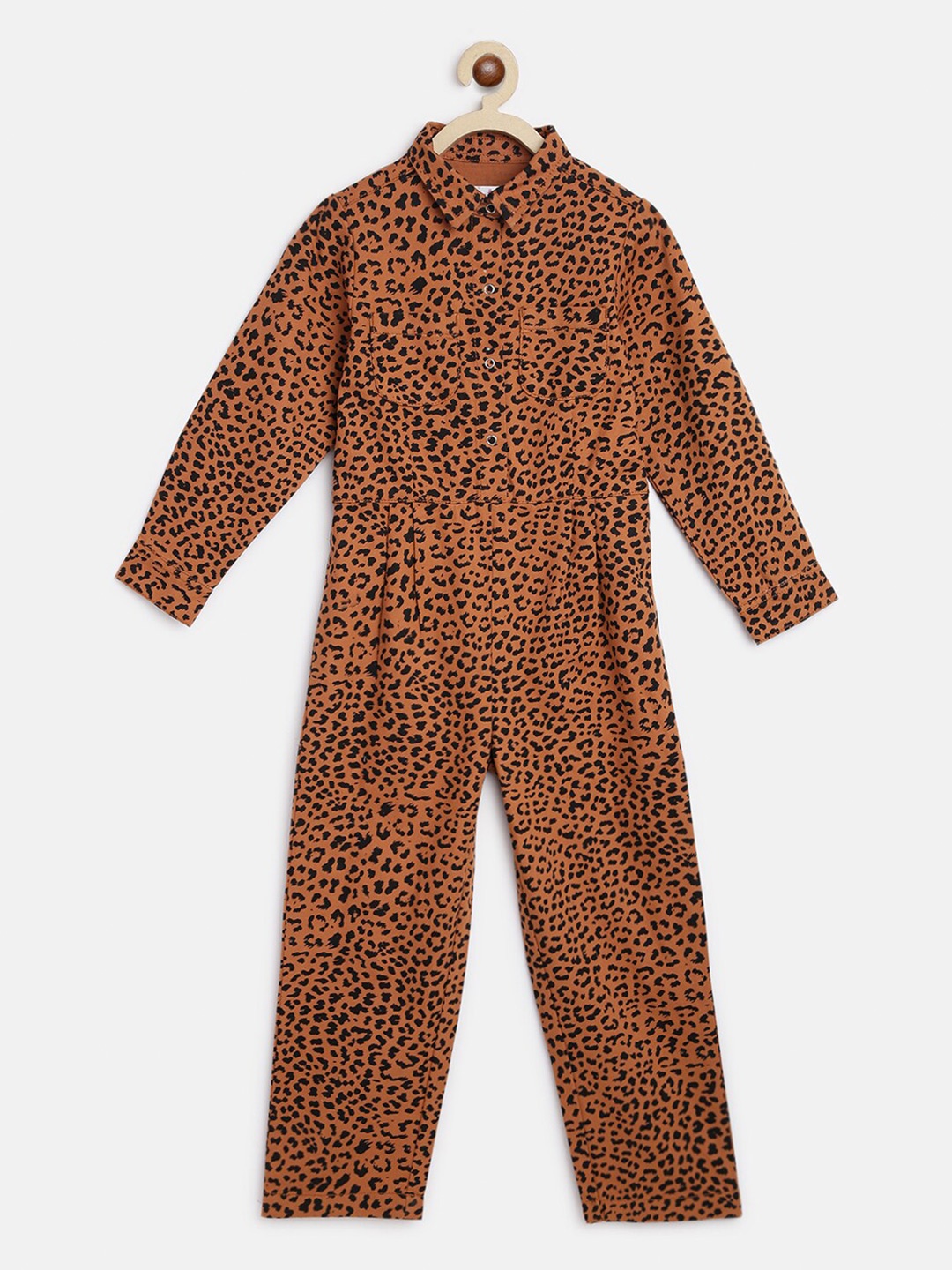 

TALES & STORIES Girls Abstract Printed Shirt Collar Basic Jumpsuit, Rust