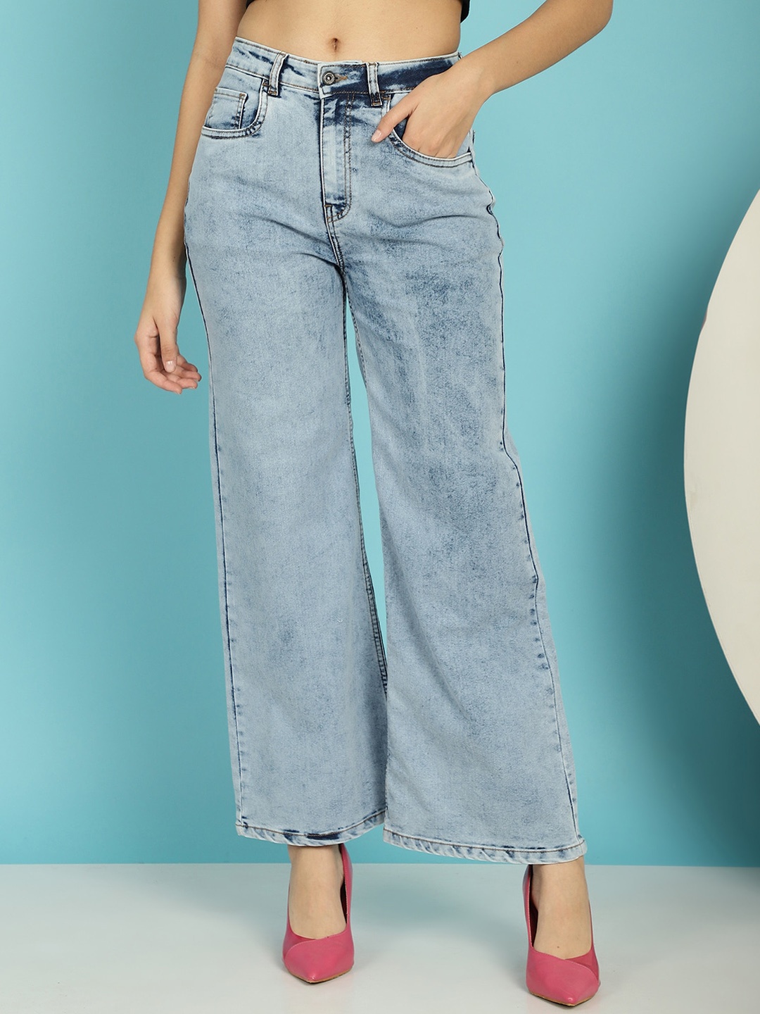 

Roadster Women Blue Mid-Rise Clean look Stretchable Wide Leg Jeans