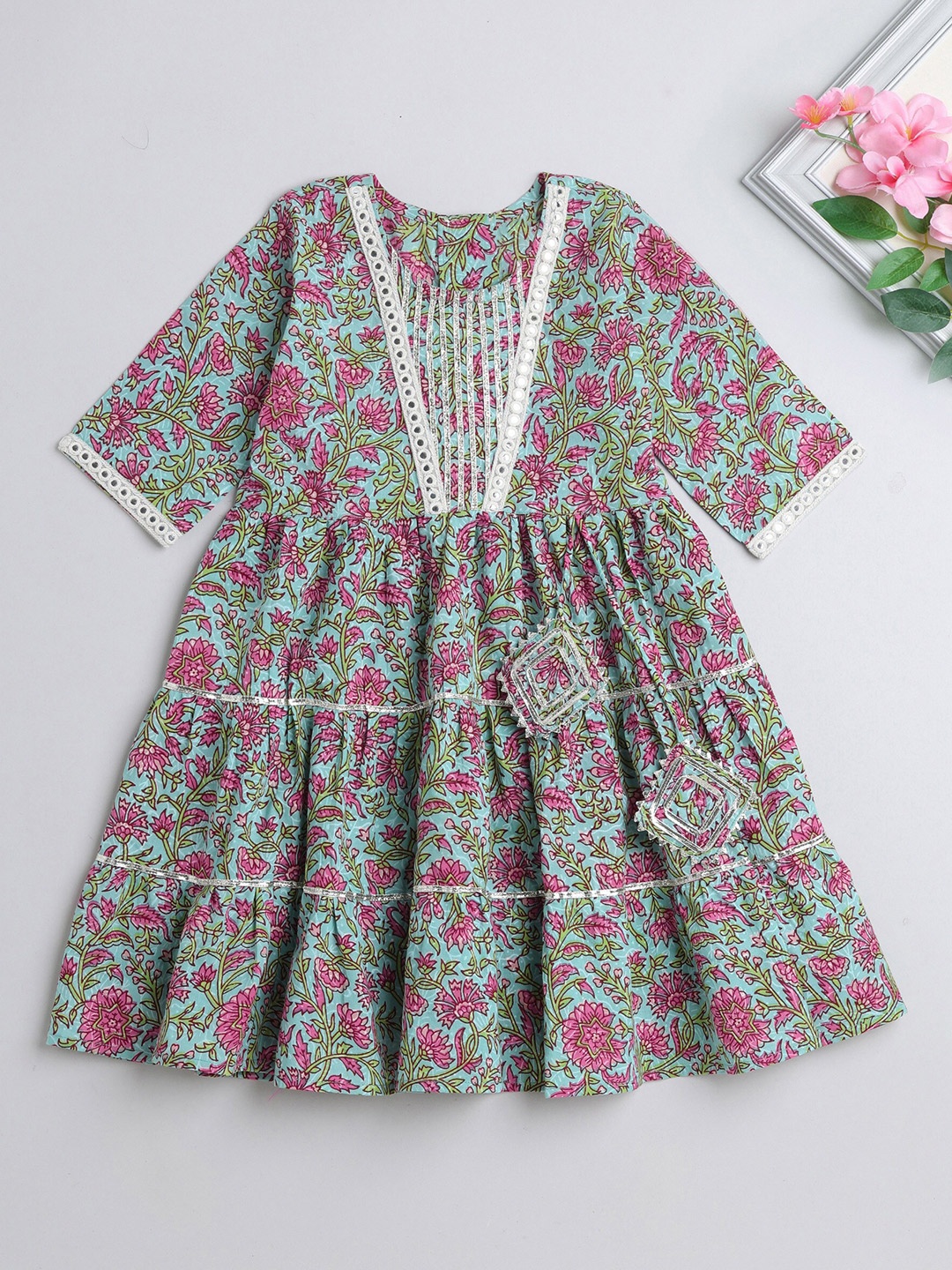 

The Magic Wand Girls Floral Printed Fit & Flare Cotton Ethnic Dress, Blue