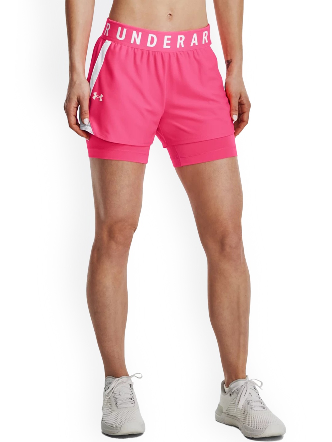 

UNDER ARMOUR Women Play Up 2-in-1 Brand Logo Printed Loose-Fit Sports Shorts, Pink