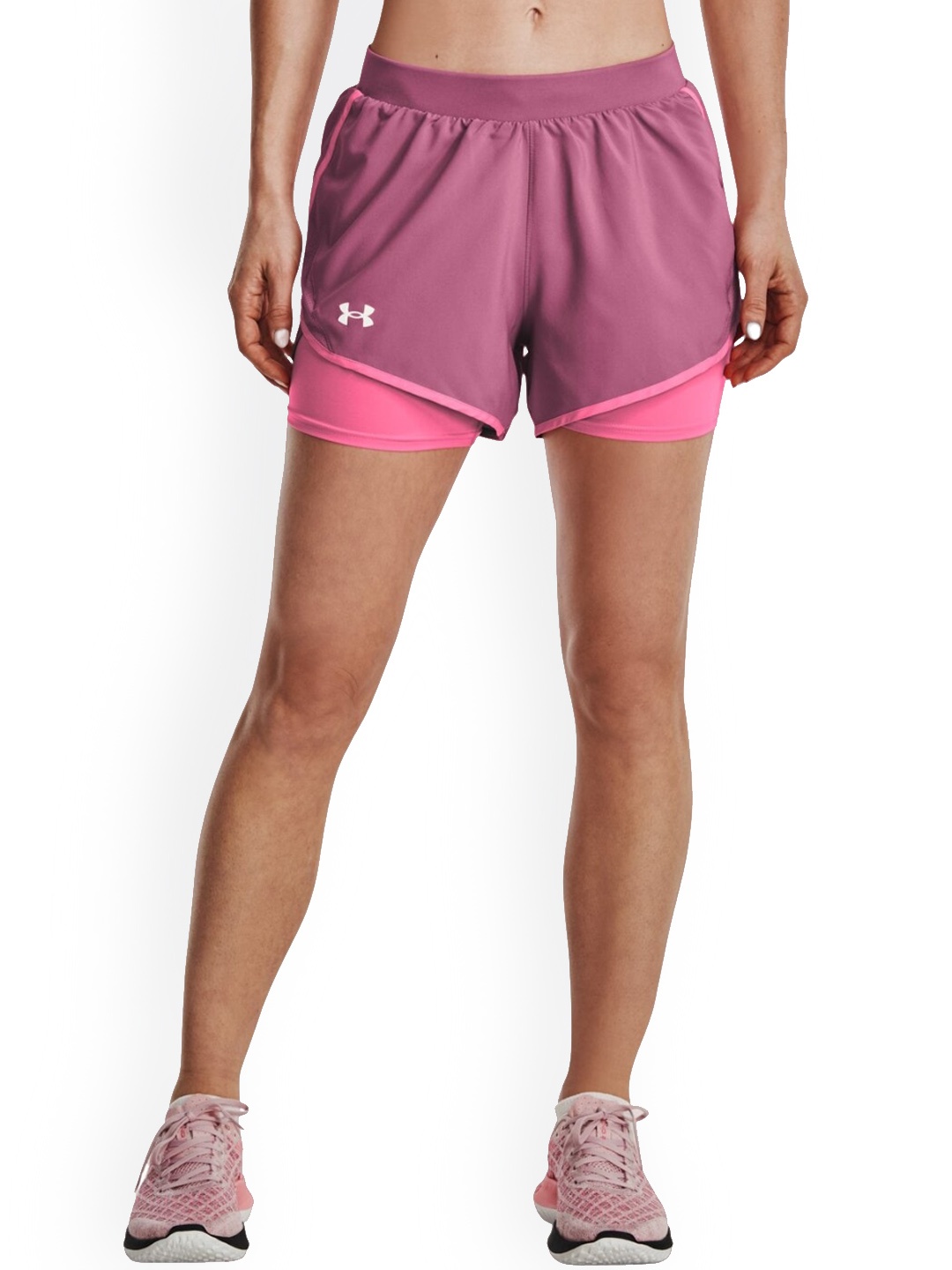 

UNDER ARMOUR Women Fly By 2.0 2N1 Brand Logo Printed Slim-Fit Sports Shorts, Pink