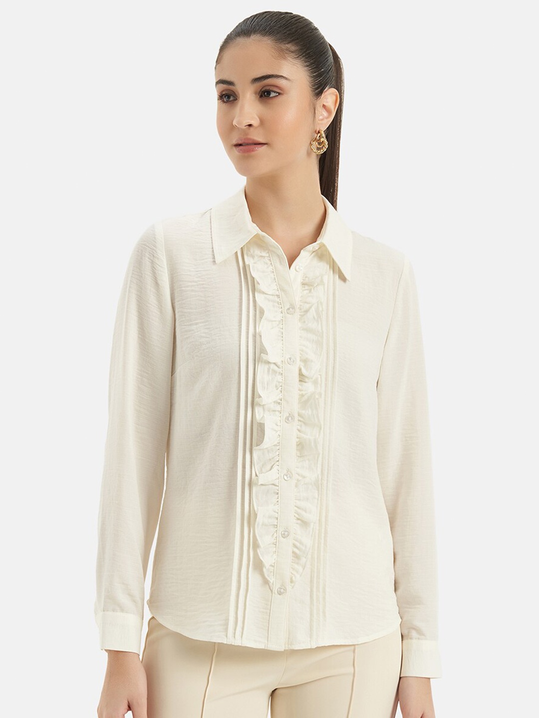 

Kazo Classic Ruffled Spread Collar Casual Shirt, Off white