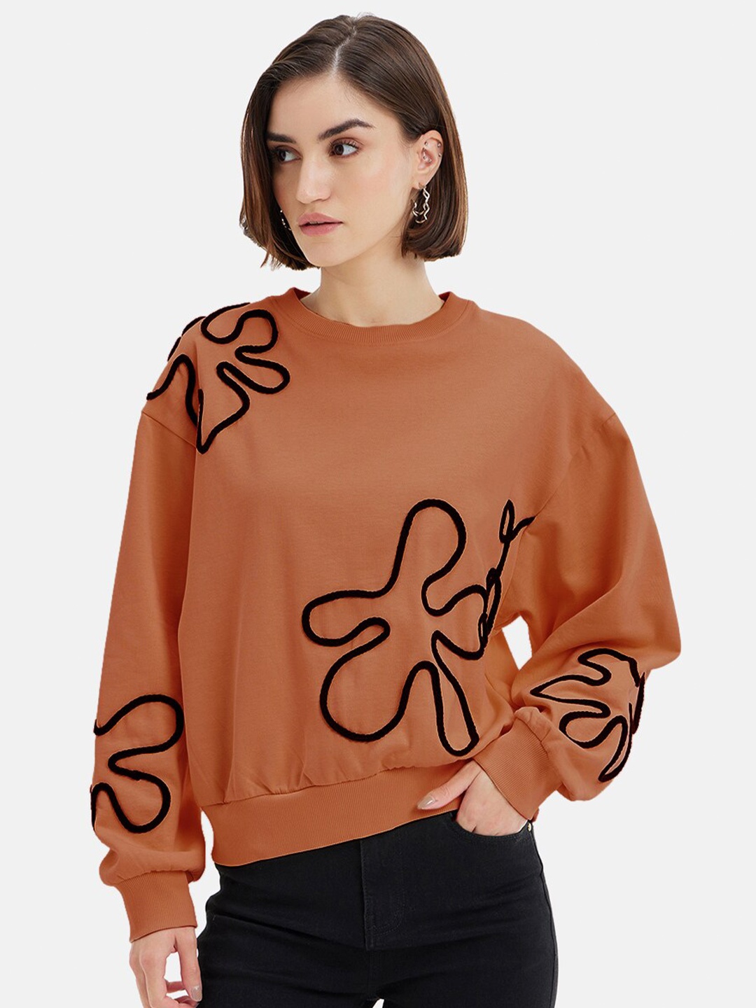 

Kazo Floral Embroidered Round Neck Long Sleeve Cotton Pullover Sweatshirt, Brown