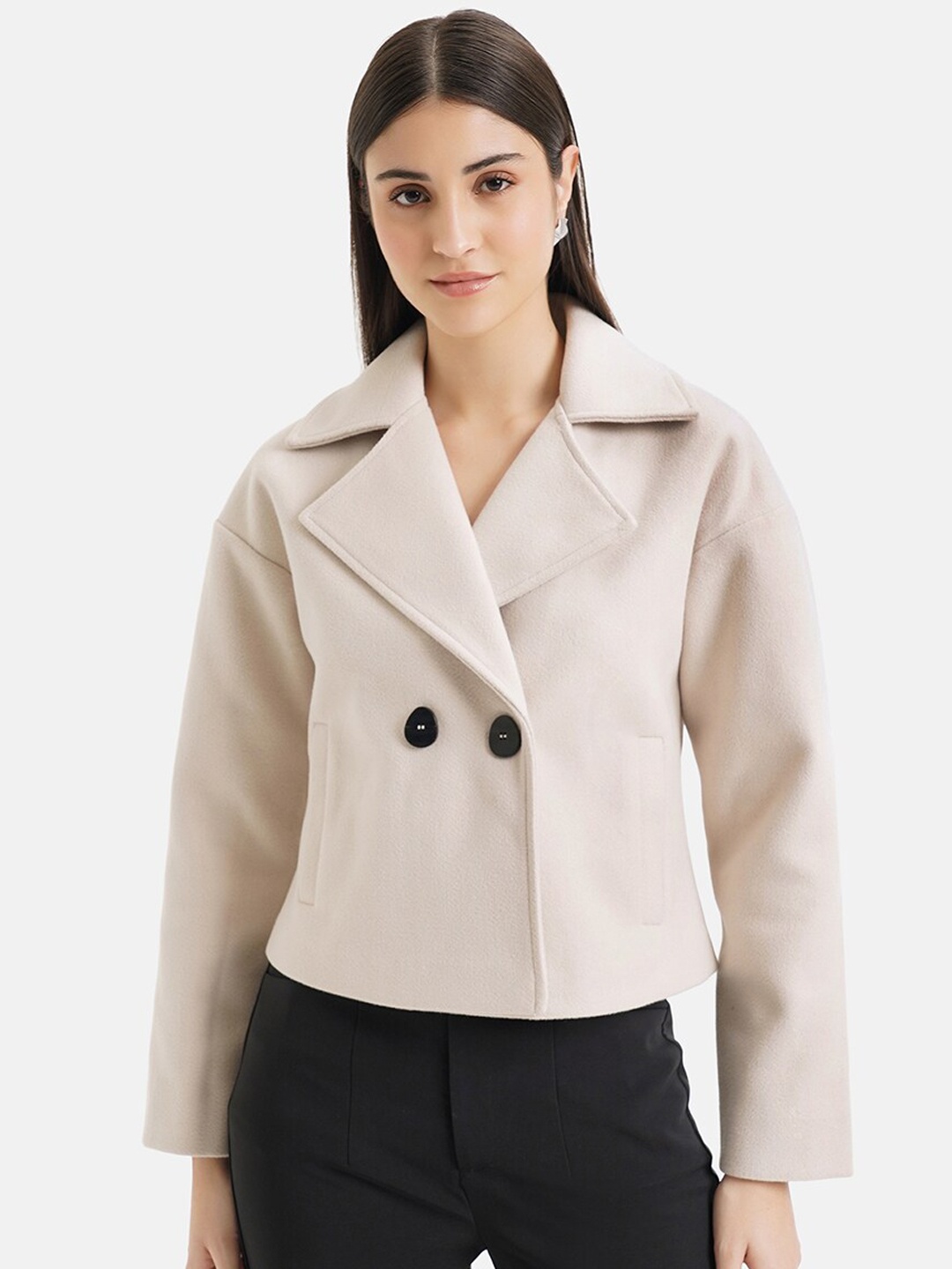 

Kazo Lapel Collar Lightweight Crop Woollen Tailored Jacket, Beige