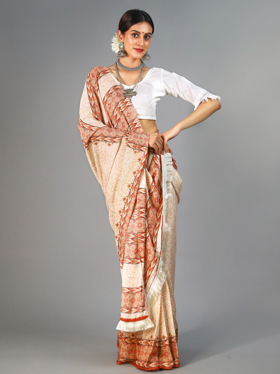 

BUTA BUTI Bandhani Printed Pure Cotton Saree, Beige