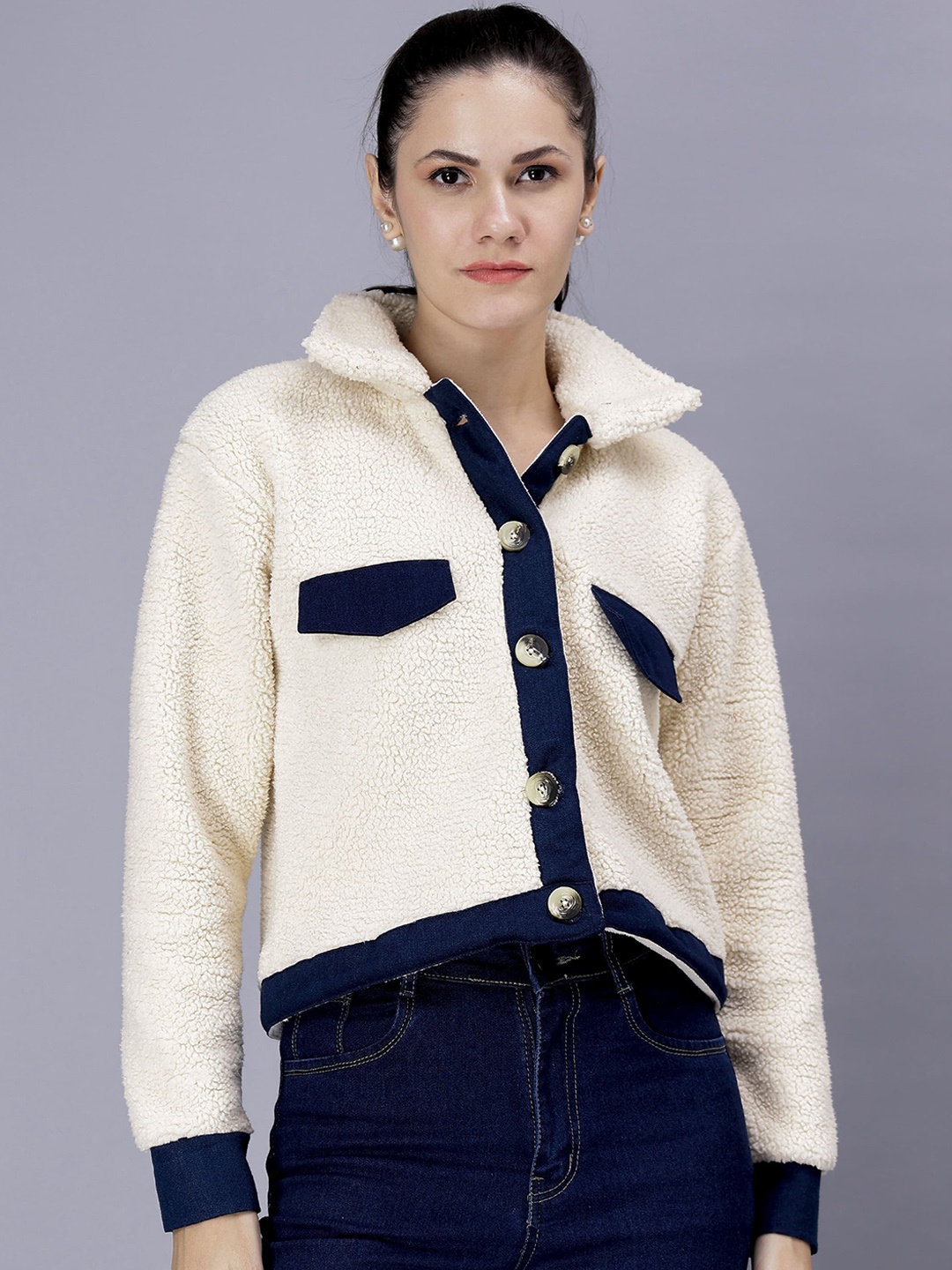 

Pritla Spread Collar Faux Fur Trim Bomber Jacket, Cream