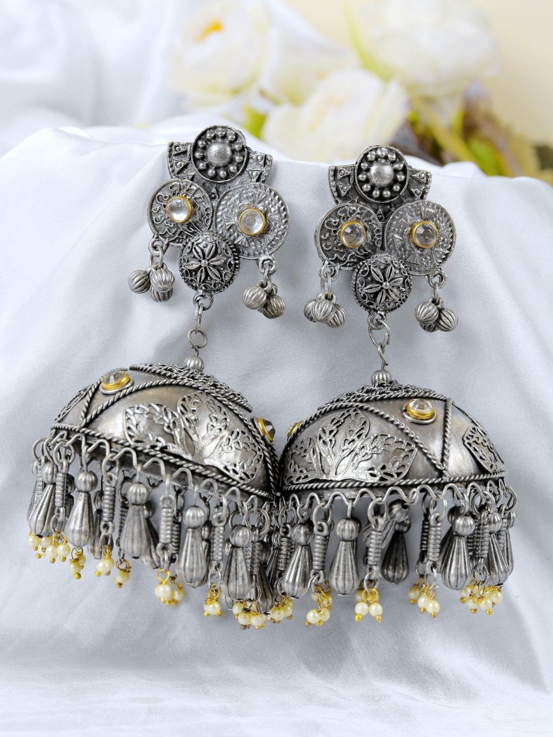 

Crunchy Fashion Silver-Plated Dome Shaped Beads Jhumkas Earrings
