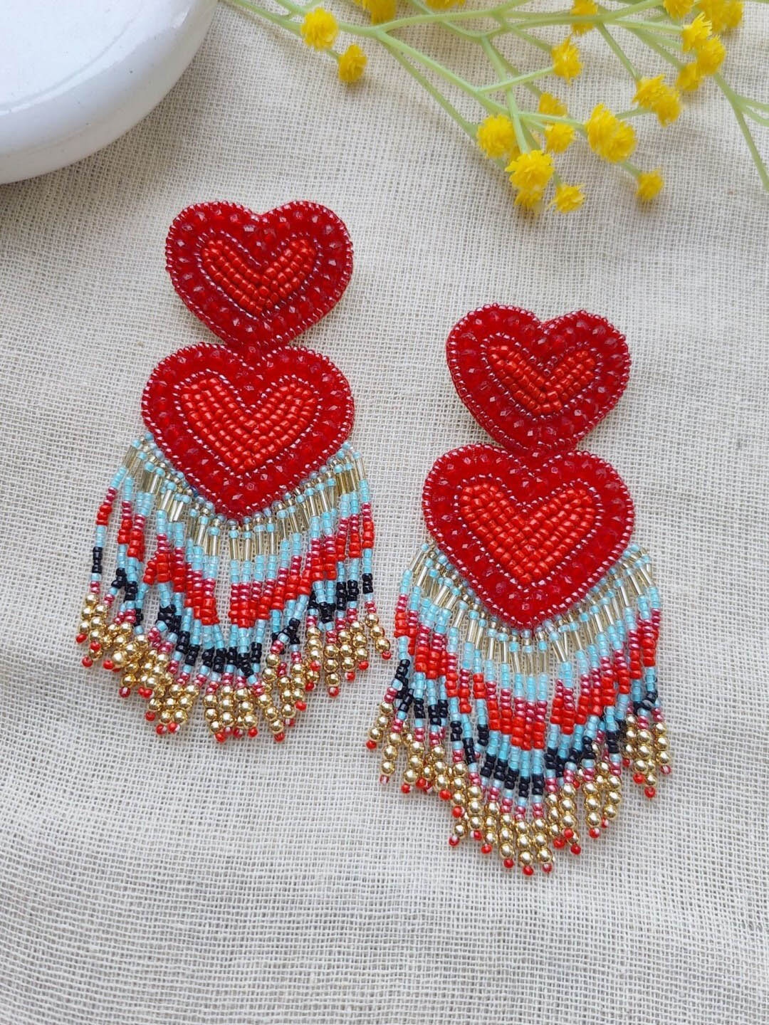 

Crunchy Fashion Beaded Heart Drop Earrings, Red