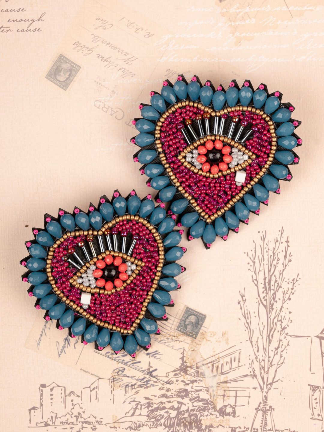 

Crunchy Fashion Heart Shaped Stone & Beaded Studs Earrings, Red