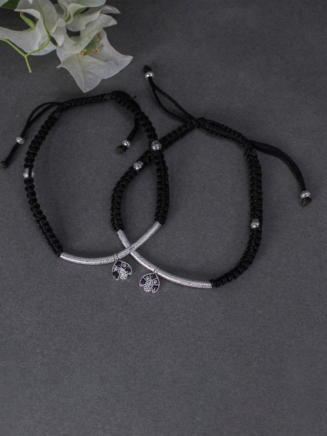 

BeAbhika Set Of 2 Crystal-Studded Adjustable Anklets, Black