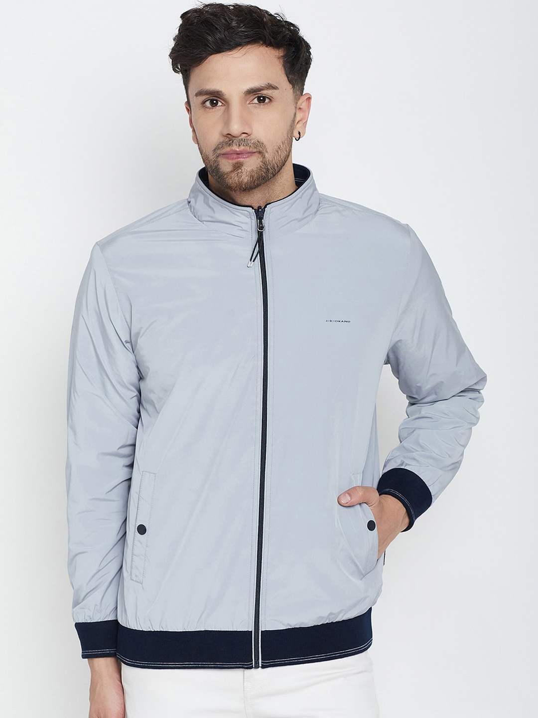 

Okane Mock Collar Reversible Bomber Jacket, Grey