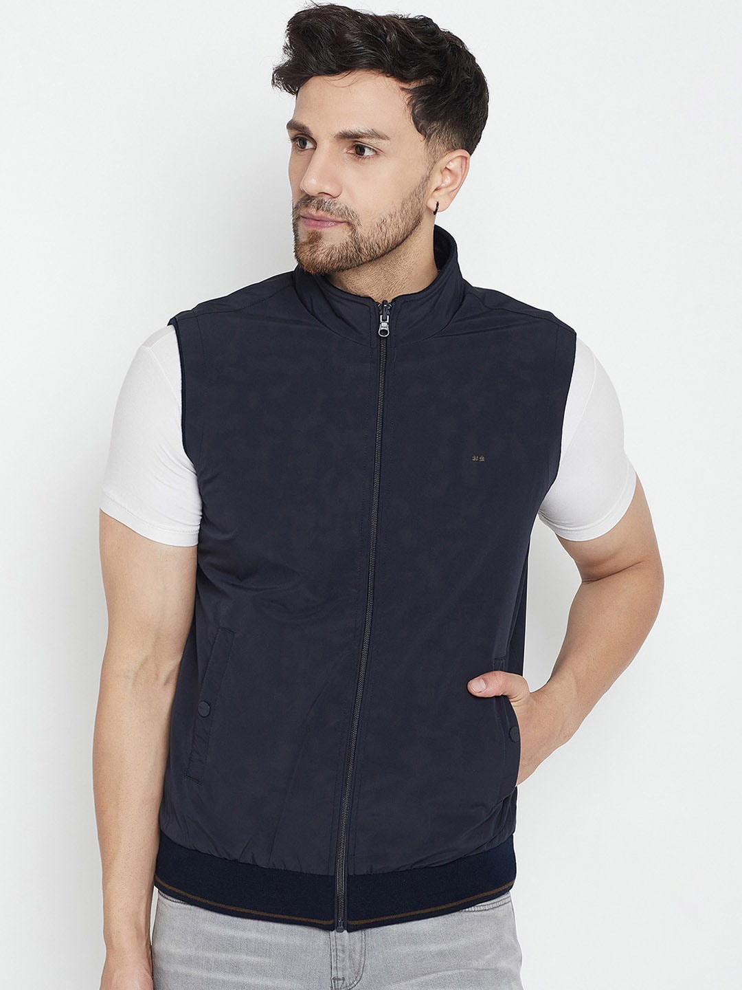 

Okane Mock Collar Reversible Bomber Jacket, Navy blue