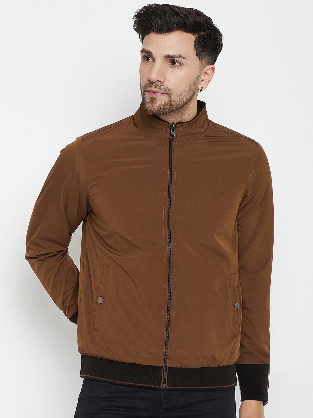 

Okane Mock Collar Reversible Bomber Jacket, Tan