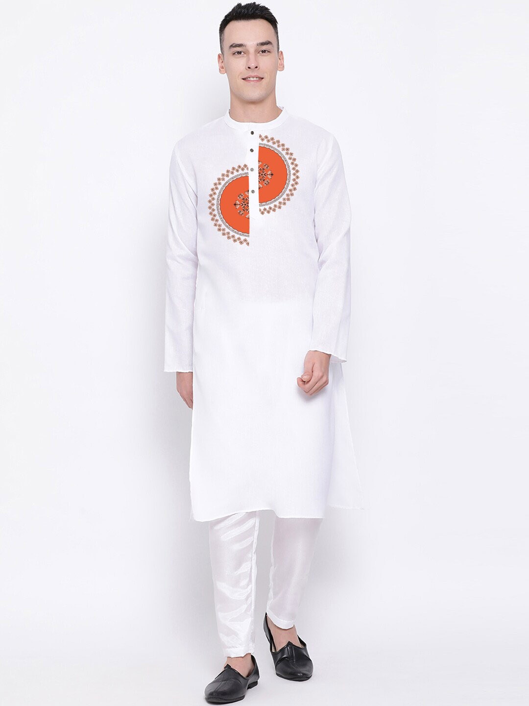 

DEVOILER Ethnic Motifs Printed Mandarin Collar Straight Kurta with Pyjamas, White