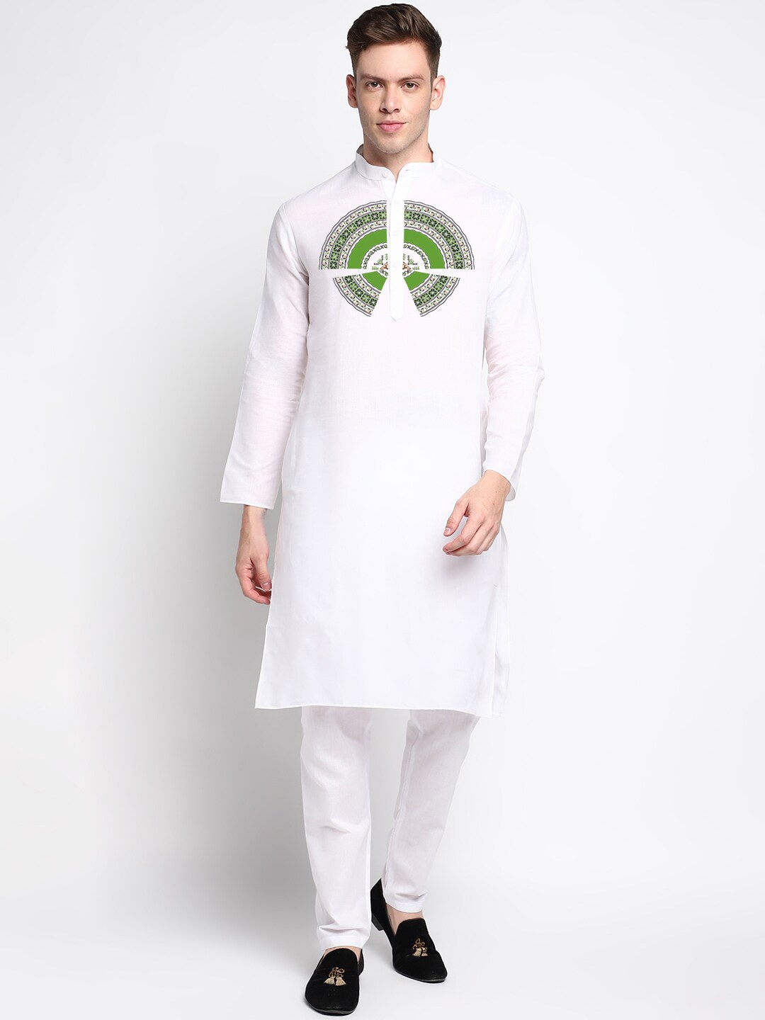 

DEVOILER Ethnic Motifs Printed Band Collar White Romance Straight Kurta with Pyjamas