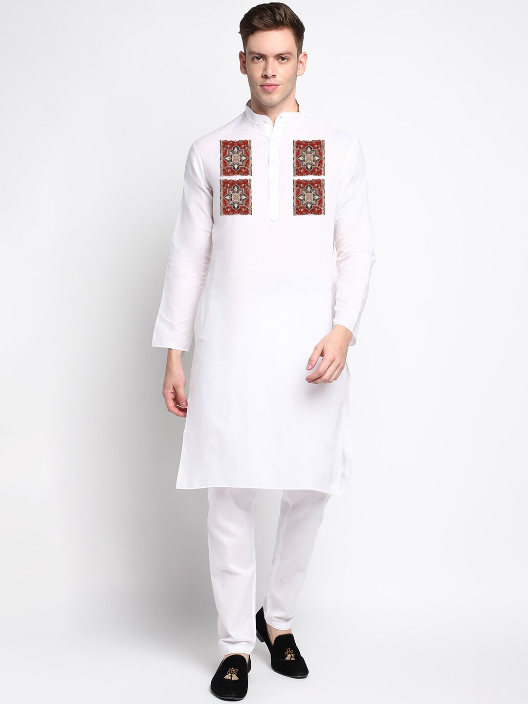 

DEVOILER Ethnic Motifs Printed Mandarin Collar Kurta with Pyjamas, White
